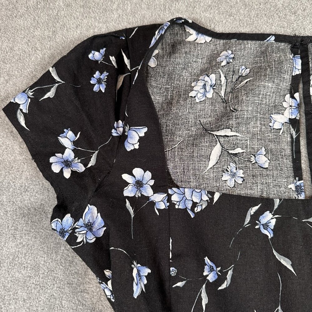 Floral Mini Dress Womens M Black Blue Fit Flare Cutout Back Square Neck - Picture 5 of 12